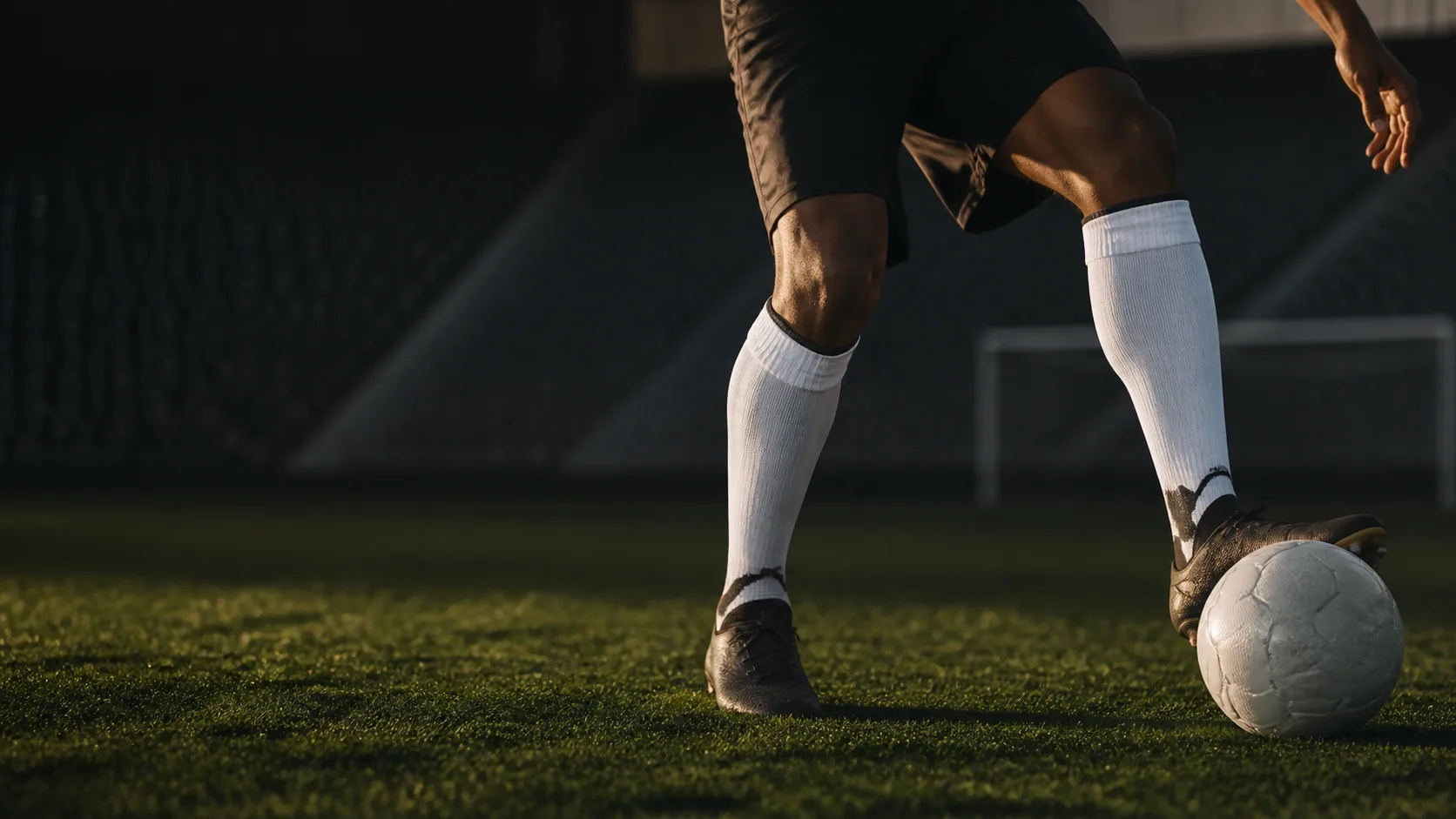 Football player controlling a ball in white and black technical soccer socks